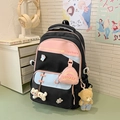 Sac à dos d'école noir avec détails roses, imprimé capybara et jolis porte-clés peluche - Noir (Avec Pendentif)
