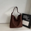 Minimalist dark brown faux suede large tote bag with seamless shoulder strap - Coffee