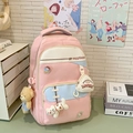 Sac à dos d'école rose avec pendentifs ours et chat et broderie capybara mignonne - Rose (Avec Pendentif)