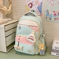 Mint green and pink student backpack with cute capybara embroidery and badges - Green (With Charm)