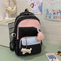 Black school backpack with pink and blue panels and a cute cat plush accessory - Black (Without Charm)