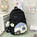 Sweet black nylon school backpack with cute cartoon house pattern and plush puppy charm - Black with Pendant