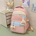 Pink and blue student backpack with cat plush charm and capybara print for school use - Pink (No Charm)