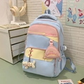 Lightweight student backpack in blue pink yellow colorblock with a cute plush cat charm - Blue (Without Charm)