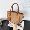 Brown faux suede bucket bag with dual handles, detachable strap and chain accessory - Brown with Pendant