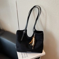 Minimalist black faux suede tote bag with stylish wooden bead tassel and metal logo - Black with Pendant