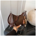 Dark brown woven crossbody bag with silver chain and ethnic wooden bead charm - Coffee with Pendant