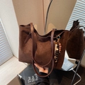 Dark brown suede tote bag with leather straps and decorative bead charm detail - Coffee with Pendant