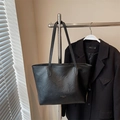Fashionable black faux leather tote bag with long handles and textured finish for women - Black without Pendant
