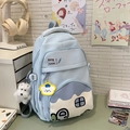 Light blue school backpack with cute cartoon house pocket and plush dog keychain pendant - Blue with Charm