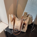 Minimalist beige suede tote bag with brown leather straps and wooden bead charm accessory - Beige With Charm