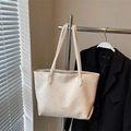 Minimalist cream leather tote bag with long double handles and fashion trend logo - Rice White (No Pendant)