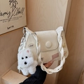 Bolso tipo cubo de ante crema con parches coloridos y correa trenzada de moda - Blanco Roto