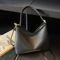 Black woven hobo bag with crescent shape, synthetic leather and gold hardware - Black