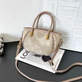 Champagne velvet bucket bag with brown leather trim and golden metal hardware - Khaki (No Pendant)