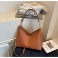 Brown woven leather tote bag with gold hardware and long shoulder strap for women - Brown