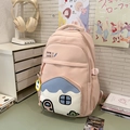 Pink school backpack with cute house design, cartoon pendant and large capacity - Pink Without Pendant