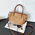 Elegant khaki suede bucket bag with dark brown leather handles and golden metal buckles - Brown No Pendant