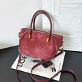 Retro dark red velvet bucket bag with gold hardware and curved silhouette style - Red (No Pendant)