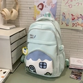 Mint green school backpack with cartoon house pocket and floral charm accessory - Green Without Pendant