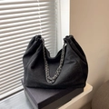 Minimalist black washed canvas tote bag with metal chain strap and drawstring closure - Black
