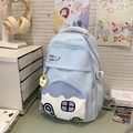 Light blue school backpack with cute house design and floral pendant for students - Blue Without Charm