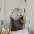 Brown woven bucket bag with a small plush bear charm and plaid ribbon accent - Coffee with Pendant