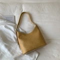 Handwoven mustard yellow bucket bag with faux leather texture and adjustable strap - Yellow Without Pendant