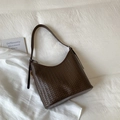 Handwoven deep brown hobo bucket bag with cross-weave texture and adjustable strap - Brown No Pendant