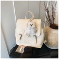 Detail of beige checkered PU leather backpack with plush puppy charm and embroidery - White