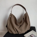Brown large capacity canvas hobo bag with dark coffee leather handles and silver rivets - Olive Green