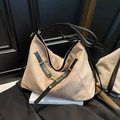 Large vintage beige faux suede tote bag with contrast black straps and gold metal hardware - Khaki