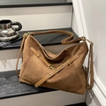 Brown faux suede tote bag with golden buckle strap and detachable long shoulder strap - Brown