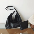 Minimalist black matte faux leather large Hobo bag with matching zipper pouch - Black
