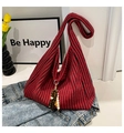 Detail of red and black striped knit tote bag with colorful wooden bead tassel pendant - With Charm / Red