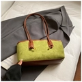 Avocado green suede tote bag with contrast brown leather handles and gold accents - No Pendant / Green