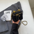 Mini black tweed vanity case bag with gold chain strap and camellia flower detail - Small / Black