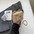 Mini beige tweed chain bag with sequins and floral dual zipper detailing in hand - Small / Off-white