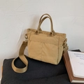 Detailed view of khaki nylon tote bag with wide adjustable strap and vertical stitching - Khaki