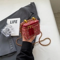 Mini pink tweed chain bag for women with gold hardware and camellia flower zipper detail - Small / Red