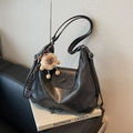 Deep grey large capacity vintage hobo shoulder bag with fuzzy charm for daily commute - Black with Pendant