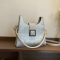 Chic light gray faux snakeskin shoulder bag with sleek matte black buckle hardware - Silver