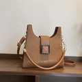 Dark brown faux snakeskin shoulder bag with square buckle and gold chain handle - Brown