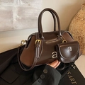 Sac à main Boston marron vintage avec mini pochette assortie et finition cuir brillant - café