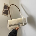 Borsa baguette in tela beige con manico marrone e dettaglio foulard in seta - Bianco crema con marrone