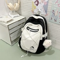 Sac à dos scolaire noir et blanc minimaliste avec pendentif ours et détails de cordon - Noir avec pendentif