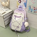 Sac à dos d'école patchwork violet et blanc avec breloque ours mignon pour élèves - Violet Avec Pendentif