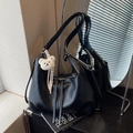 Chic black PU leather tote bag with a cute plush bear charm and striped ribbon accessory - Black