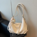 Minimalist off-white large capacity hobo bag in soft PU leather with bear charm decoration - Off-white