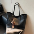 Large black faux leather tote bag with long handles and cute plush bunny charm - Black with Pendant